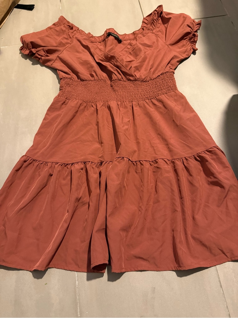 Rust Off-Shoulder Smocked Waist Tiered Mini Dress Hesperus